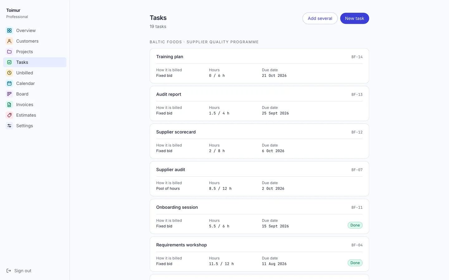 Toimur’s task list: each task with how it is billed, the hours logged against its budget, and its due date.