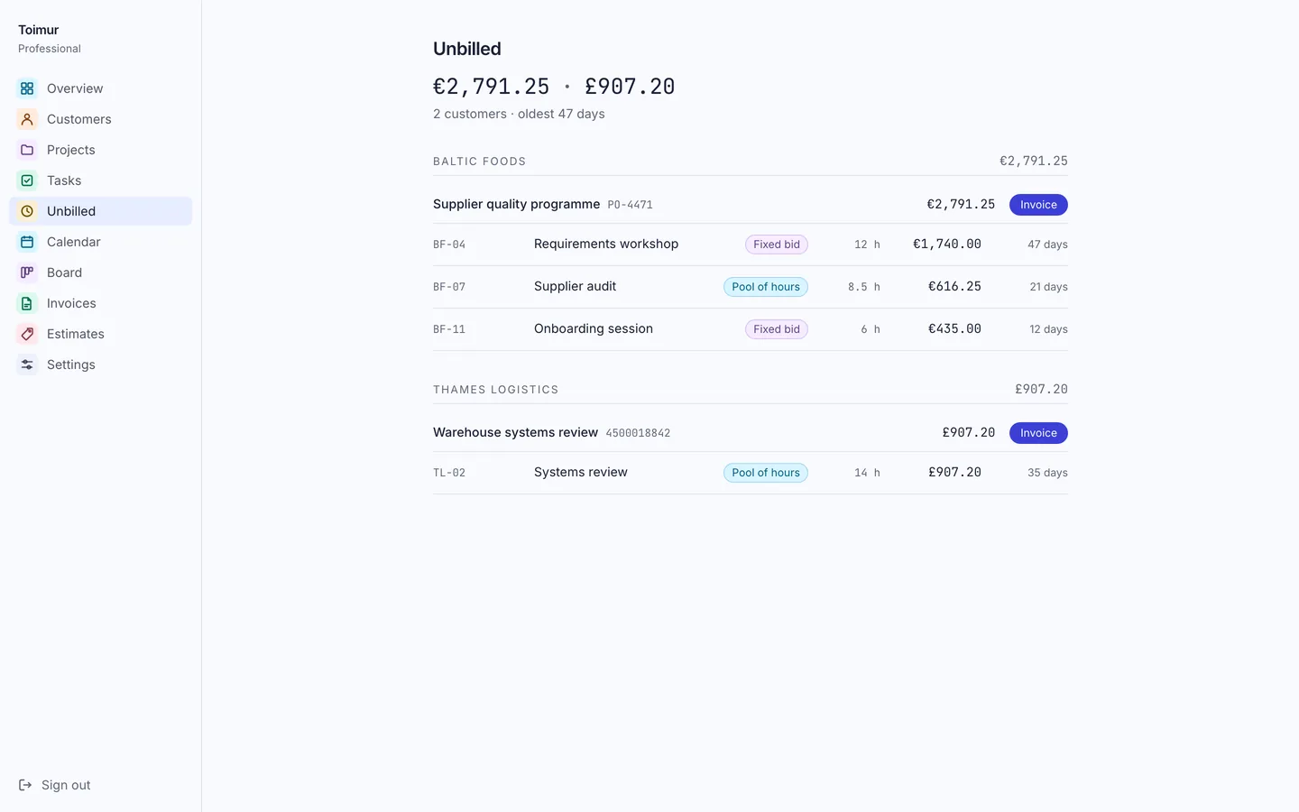 Toimur’s Unbilled screen: finished work for two sample clients in euros and pounds, with hours, amounts and how long each item has waited.