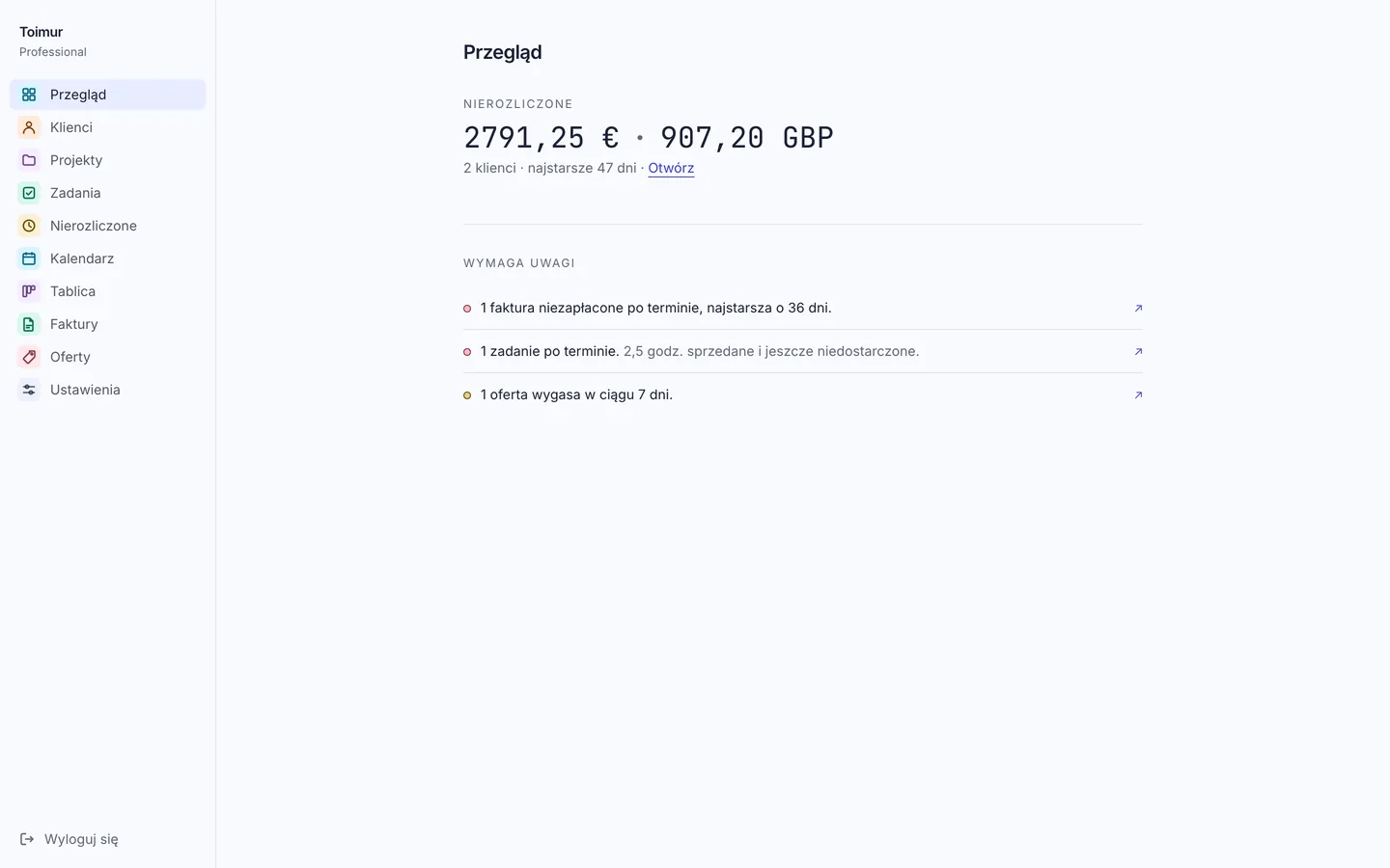Przegląd w Toimurze: praca czekająca na fakturę i to, co wymaga uwagi, na przykład przeterminowana faktura i oferta, która wkrótce wygaśnie.