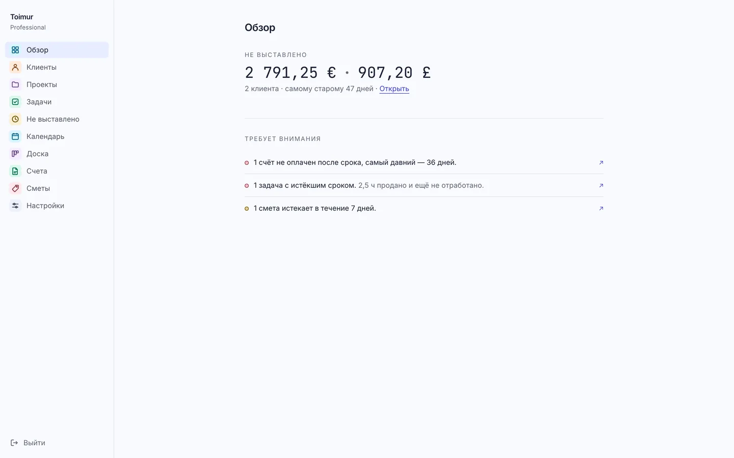 Обзор Toimur: работа, ожидающая счёта, и то, что требует внимания, например просроченный счёт и смета, срок которой скоро истекает.