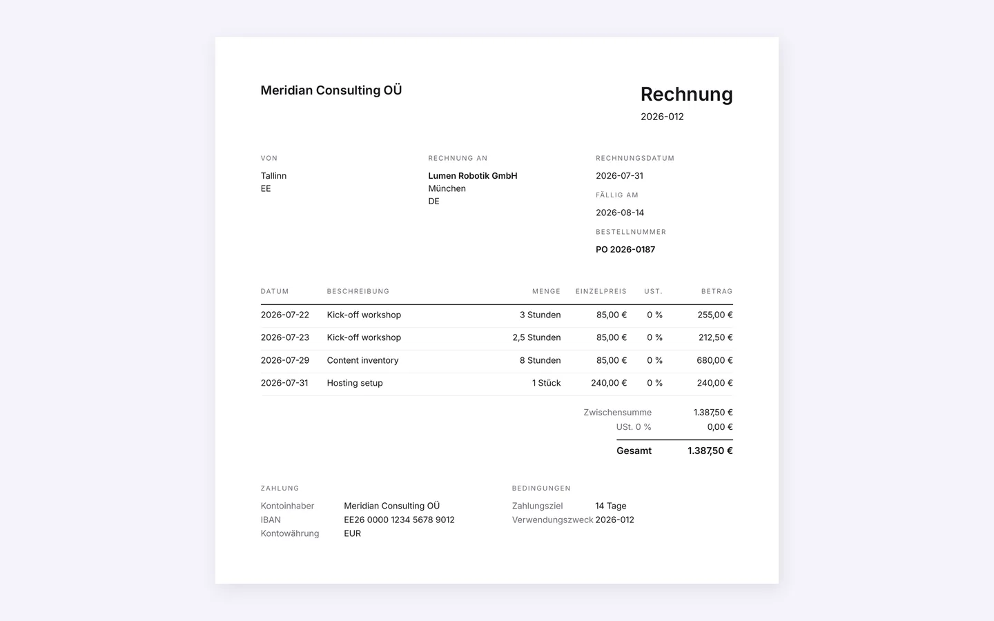 Une facture PDF créée avec Toimur, en allemand, pour un client à Munich : des heures, une tâche au forfait et une ligne saisie à la main, avec les totaux et les coordonnées bancaires.